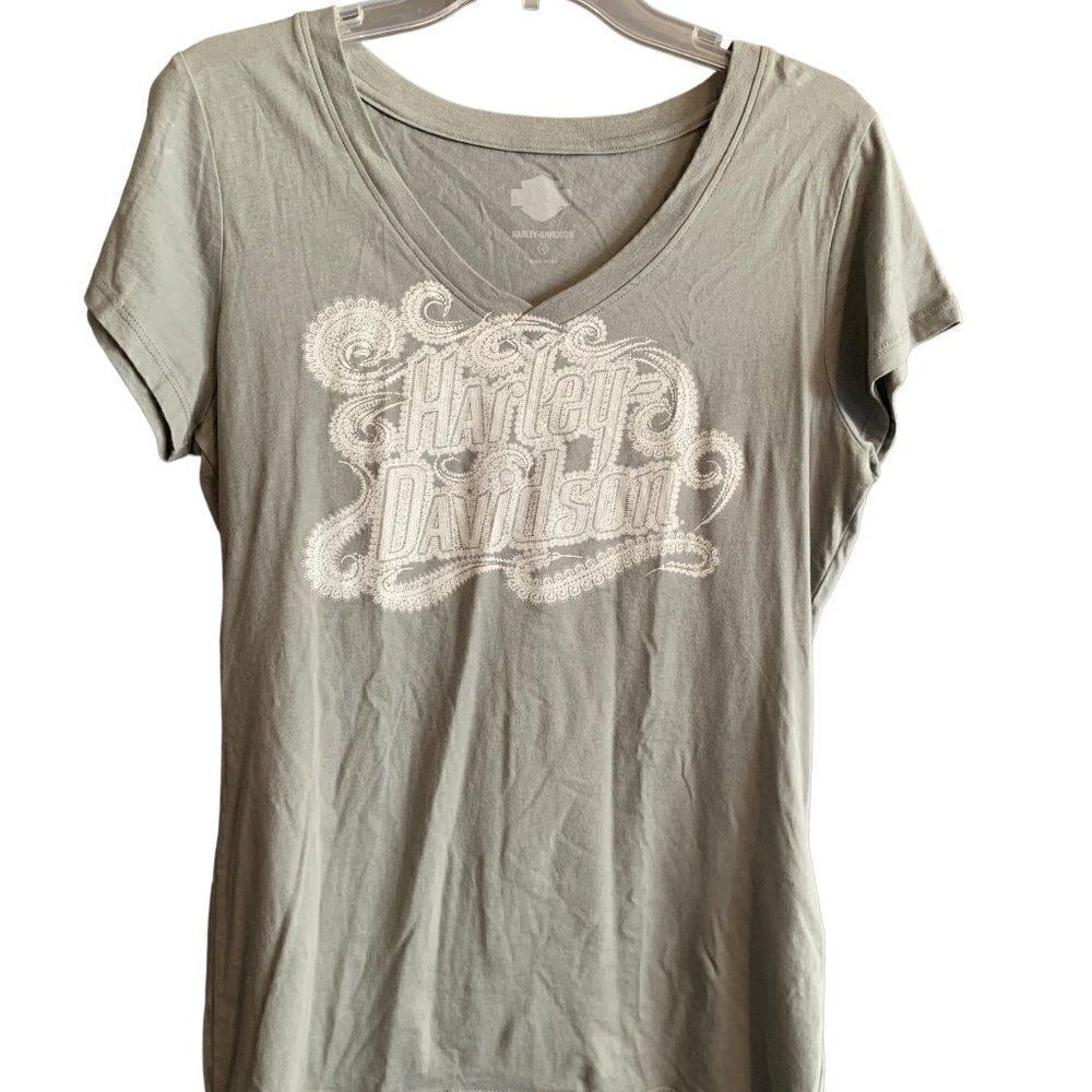 Harley-Davidson Short Sleeve Grayish/Green & White V-Neck T-Shirt Size Medium